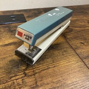 Acco 40 Stapler Vtg Made USA Retro 70s Color Teal Tan Blue/Green Works FrontLoad